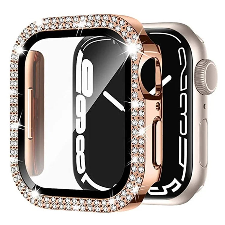 For Apple Watch Series 9 8 7 41mm Watch Case Rhinestone Electroplating PC Frame with Tempered Glass Film