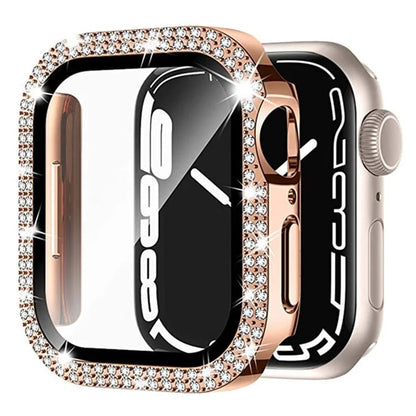 For Apple Watch Series 9 8 7 41mm Watch Case Rhinestone Electroplating PC Frame with Tempered Glass Film