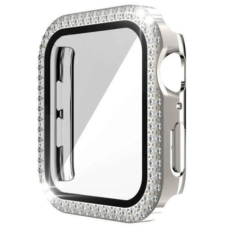 For Apple Watch Series 9 8 7 41mm Watch Case Rhinestone Electroplating PC Frame with Tempered Glass Film