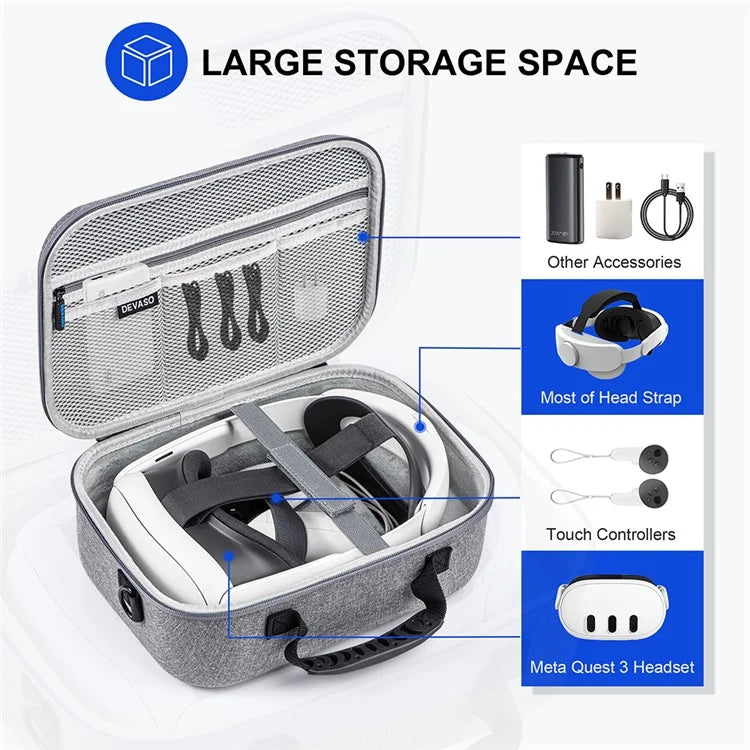 DEVASO Upgraded Version For Meta Quest 3 VR Glasses Storage Bag Nylon Carrying Case with Shoulder Strap