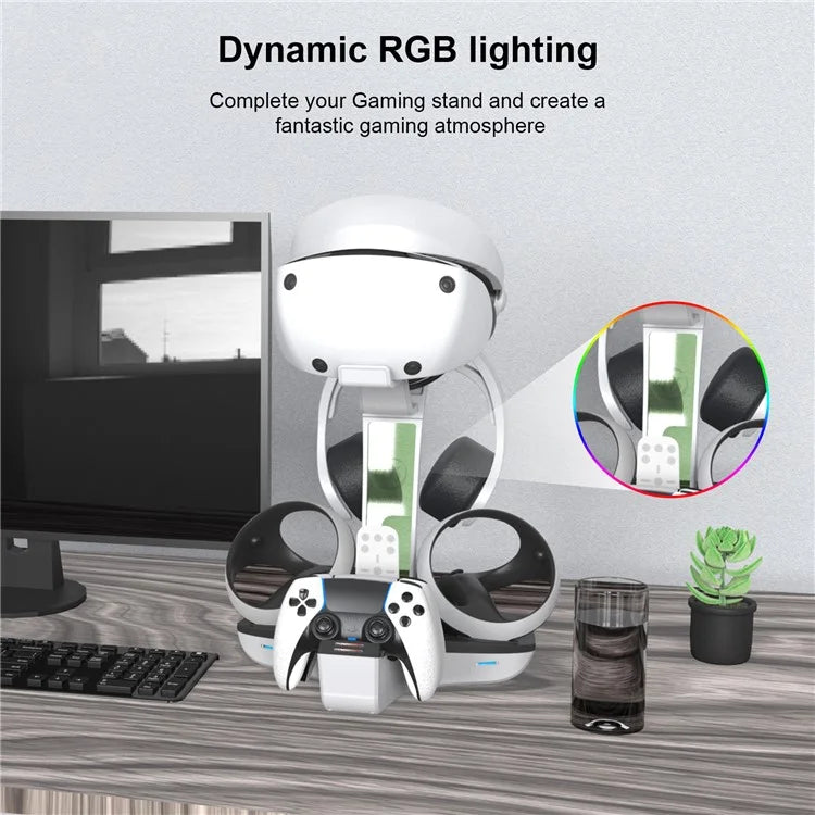 JYS JYS-P5156 Charging Display Stand for Sony PS VR2 / PS5 / PS5 DualSense Edge Controller, VR Headset Charging Dock with RGB Light
