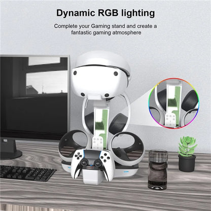 JYS JYS-P5156 Charging Display Stand for Sony PS VR2 / PS5 / PS5 DualSense Edge Controller, VR Headset Charging Dock with RGB Light