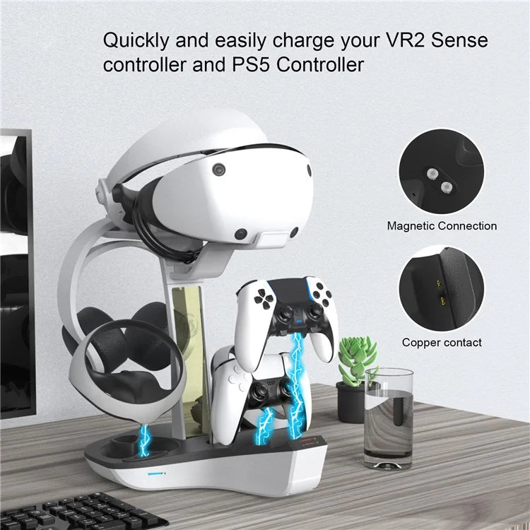 JYS JYS-P5156 Charging Display Stand for Sony PS VR2 / PS5 / PS5 DualSense Edge Controller, VR Headset Charging Dock with RGB Light