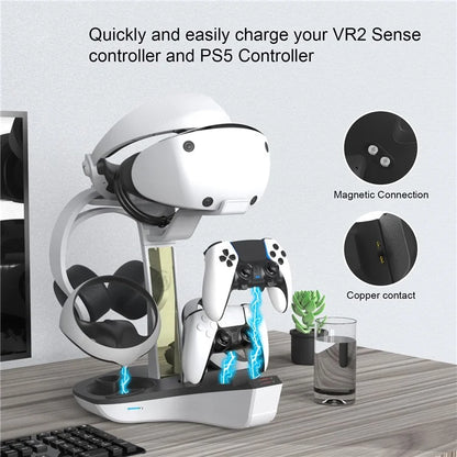 JYS JYS-P5156 Charging Display Stand for Sony PS VR2 / PS5 / PS5 DualSense Edge Controller, VR Headset Charging Dock with RGB Light