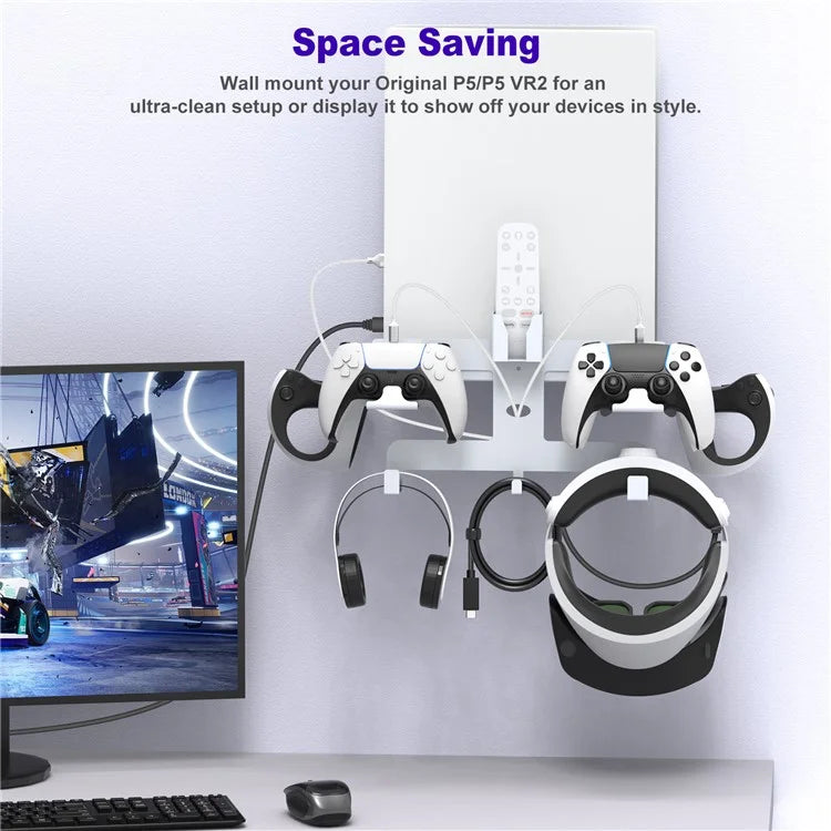 JYS JYS-P5163 Wall Mount Kit with Controller Holder for Sony PS5 / PS VR2 Headset Game Console Display Stand