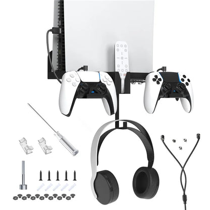 JYS JYS-P5173 Multi-Function Wall Mount Kit for Sony PS5 Game Console Controller Holder with 2-in-1 Magnetic Charging Cable