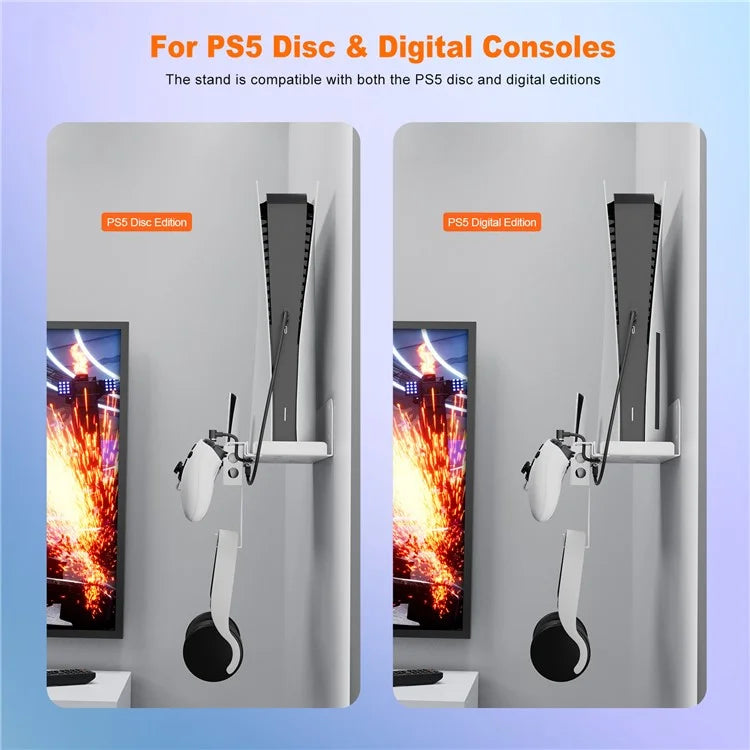 JYS JYS-P5173 Multi-Function Wall Mount Kit for Sony PS5 Game Console Controller Holder with 2-in-1 Magnetic Charging Cable