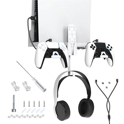 JYS JYS-P5173 Multi-Function Wall Mount Kit for Sony PS5 Game Console Controller Holder with 2-in-1 Magnetic Charging Cable