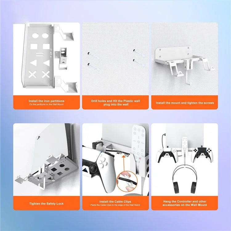 JYS JYS-P5173 Multi-Function Wall Mount Kit for Sony PS5 Game Console Controller Holder with 2-in-1 Magnetic Charging Cable