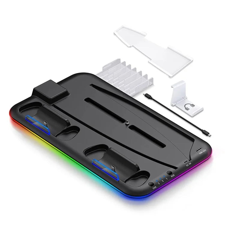 For PS5 Cooling Stand with VR2 Controller Charging Dock, Game Disc Storage, and Headset Holder