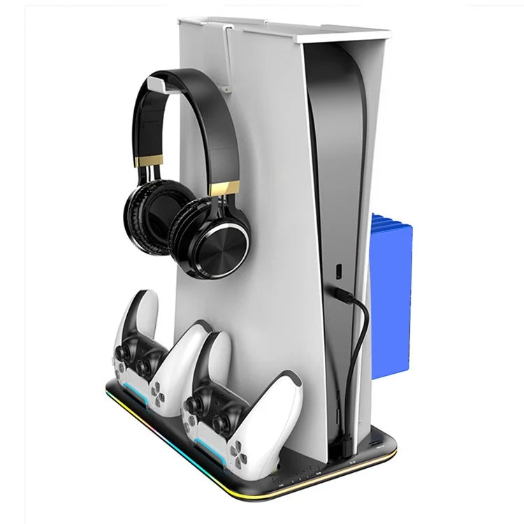 For PS5 Cooling Stand with VR2 Controller Charging Dock, Game Disc Storage, and Headset Holder