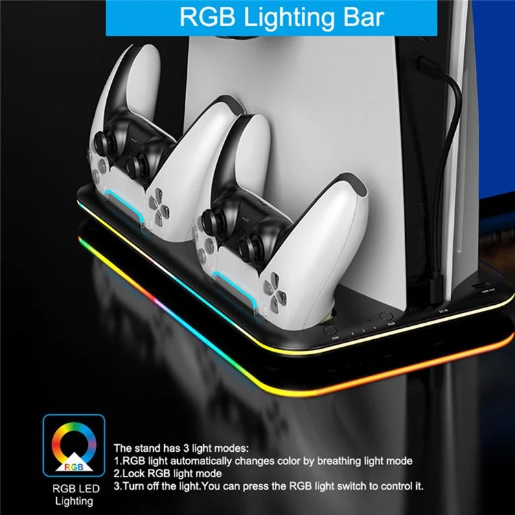 For PS5 Cooling Stand with VR2 Controller Charging Dock, Game Disc Storage, and Headset Holder