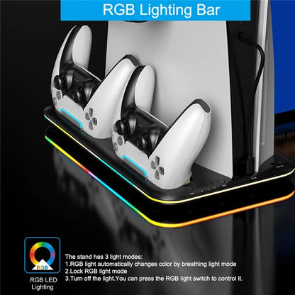 For PS5 Cooling Stand with VR2 Controller Charging Dock, Game Disc Storage, and Headset Holder