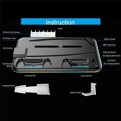 For PS5 Cooling Stand with VR2 Controller Charging Dock, Game Disc Storage, and Headset Holder