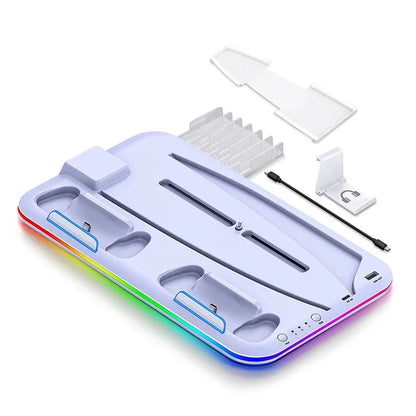 For PS5 Cooling Stand with VR2 Controller Charging Dock, Game Disc Storage, and Headset Holder