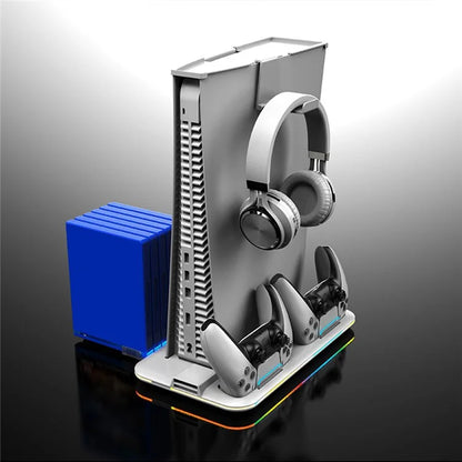 For PS5 Cooling Stand with VR2 Controller Charging Dock, Game Disc Storage, and Headset Holder