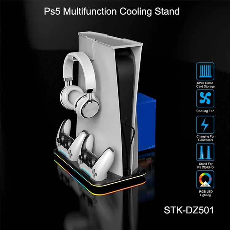 For PS5 Cooling Stand with VR2 Controller Charging Dock, Game Disc Storage, and Headset Holder