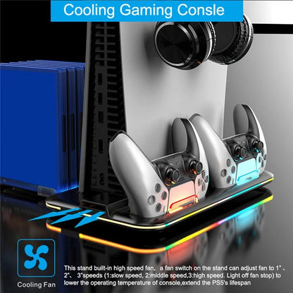 For PS5 Cooling Stand with VR2 Controller Charging Dock, Game Disc Storage, and Headset Holder
