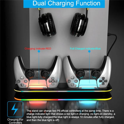 For PS5 Cooling Stand with VR2 Controller Charging Dock, Game Disc Storage, and Headset Holder