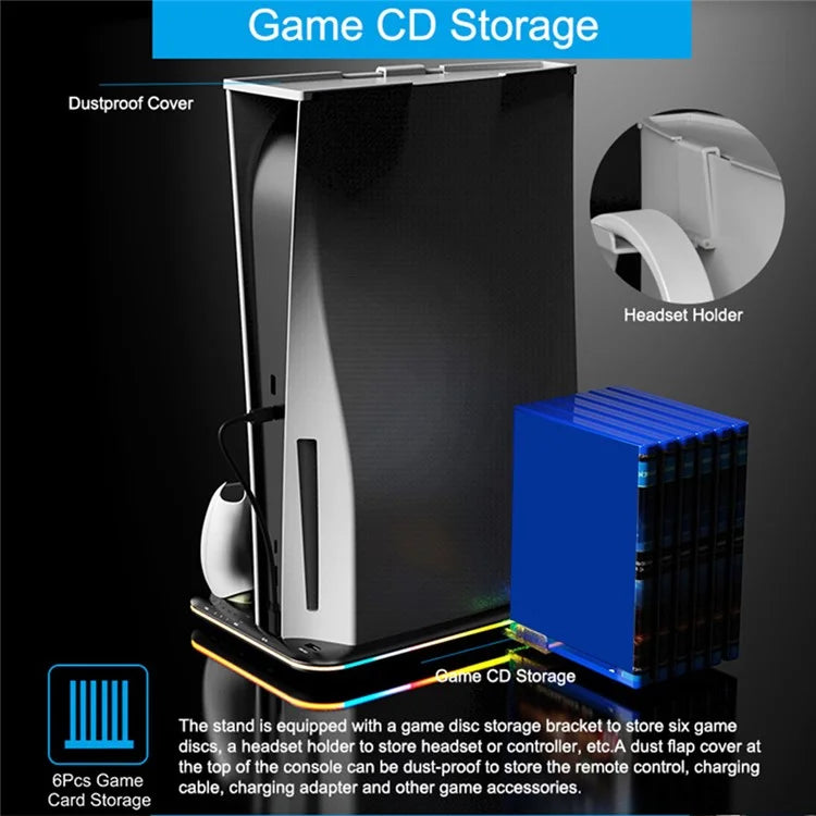 For PS5 Cooling Stand with VR2 Controller Charging Dock, Game Disc Storage, and Headset Holder