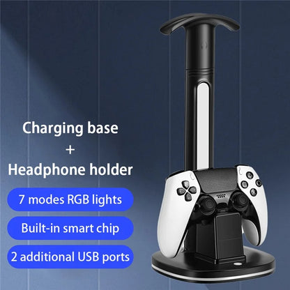 RGB Light Game Controller Charger Dock Headphone Holder with 2*USB Port