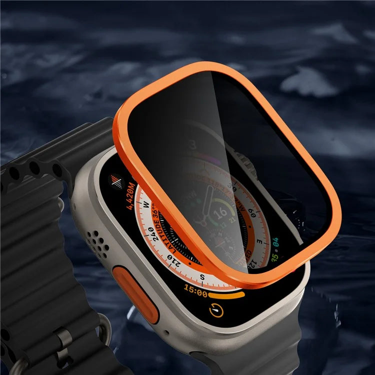 For Apple Watch Ultra 49mm / Ultra 2 49mm Aluminum Alloy Watch Case with Anti-spy Tempered Glass Film