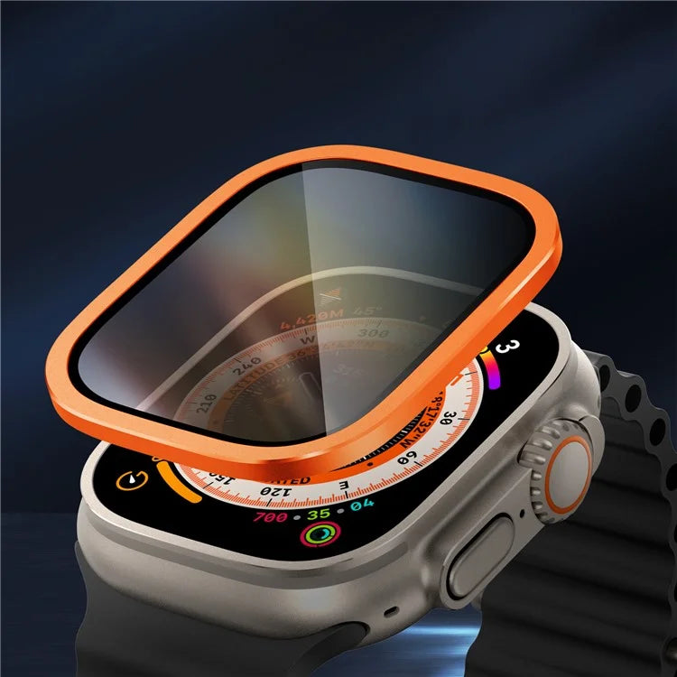 For Apple Watch Ultra 49mm / Ultra 2 49mm Aluminum Alloy Watch Case with Anti-spy Tempered Glass Film