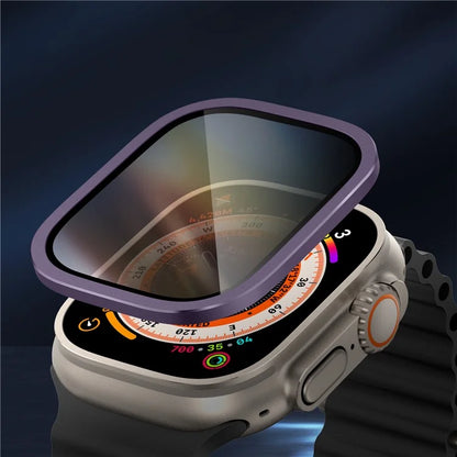 For Apple Watch Ultra 49mm / Ultra 2 49mm Aluminum Alloy Watch Case with Anti-spy Tempered Glass Film