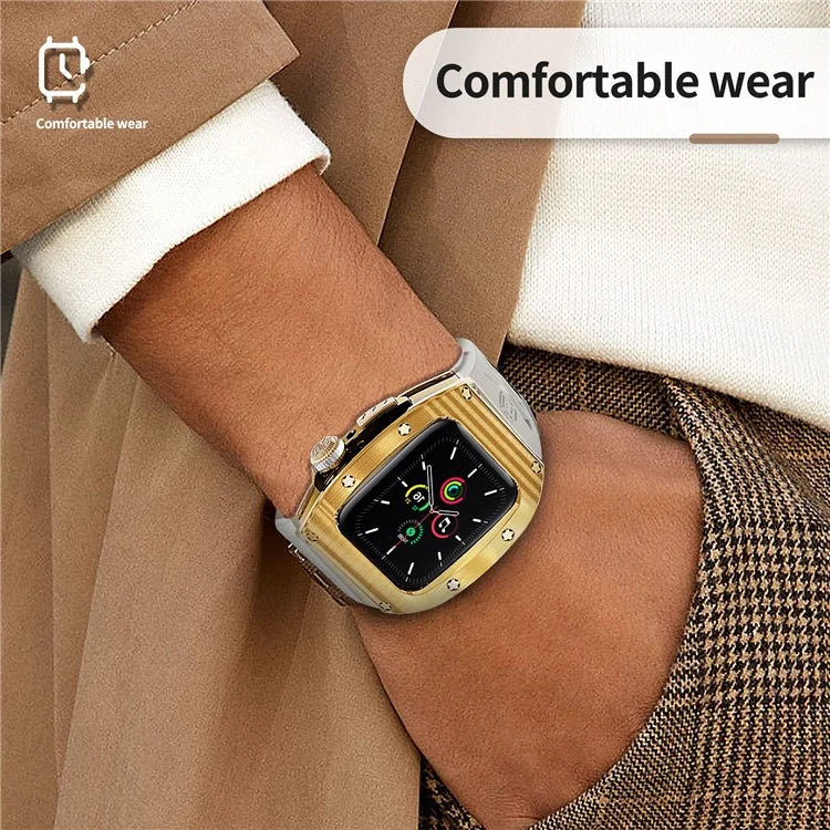 SHELLBOX For Apple Watch Series 5 / 4 / SE / 6 / SE (2022) 44mm / Series 7 / 8 45mm Watch Strap with Metal Frame Case