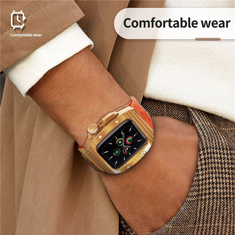 SHELLBOX For Apple Watch Series 5 / 4 / SE / 6 / SE (2022) 44mm / Series 7 / 8 45mm Watch Strap with Metal Frame Case