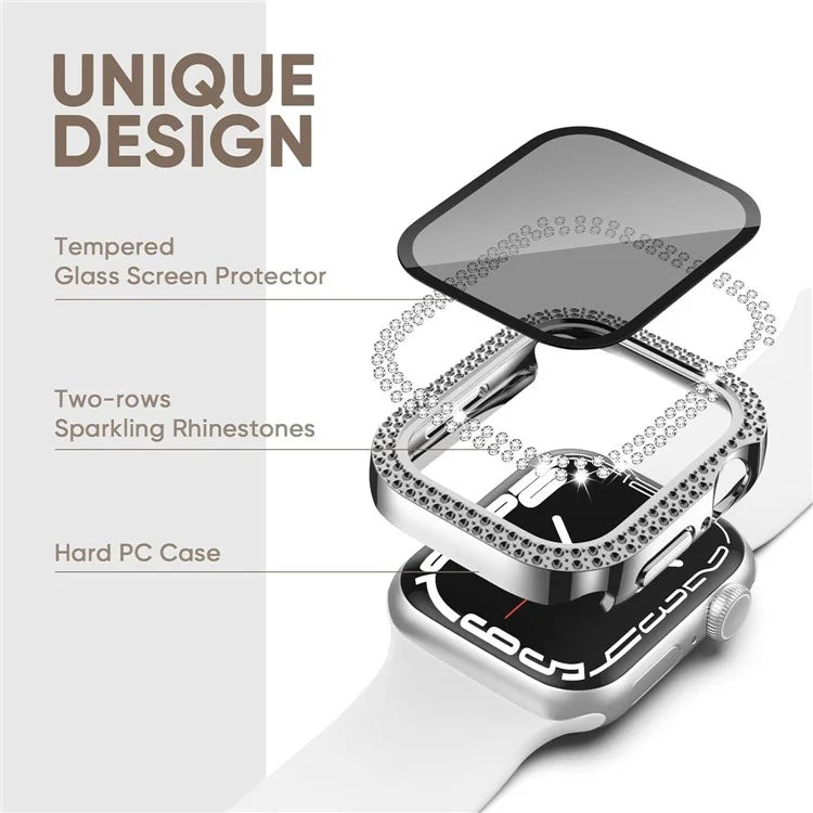 For Apple Watch Series 9 / 8 / 7 45mm Watch Case Rhinestone PC Frame with Anti-spy Tempered Glass Screen Film