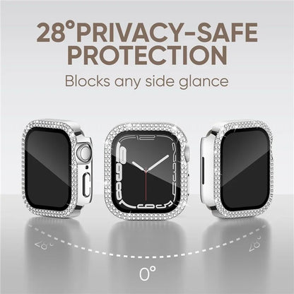 For Apple Watch Series 9 / 8 / 7 45mm Watch Case Rhinestone PC Frame with Anti-spy Tempered Glass Screen Film