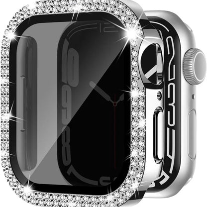 For Apple Watch Series 9 / 8 / 7 45mm Watch Case Rhinestone PC Frame with Anti-spy Tempered Glass Screen Film