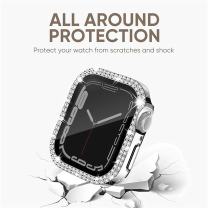 For Apple Watch Series 9 / 8 / 7 45mm Watch Case Rhinestone PC Frame with Anti-spy Tempered Glass Screen Film