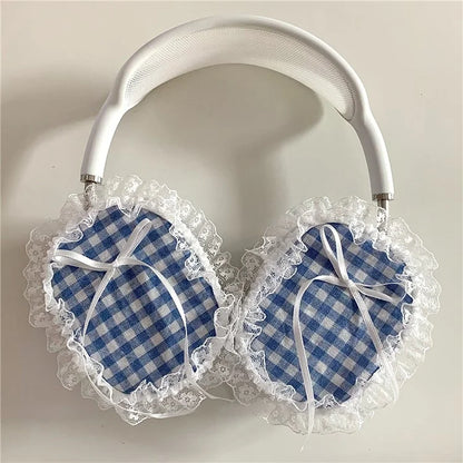 1Pair For AirPods Max Shockproof Case Fabric+TPU Headset Protector Grids Pattern Lace-Edge Design
