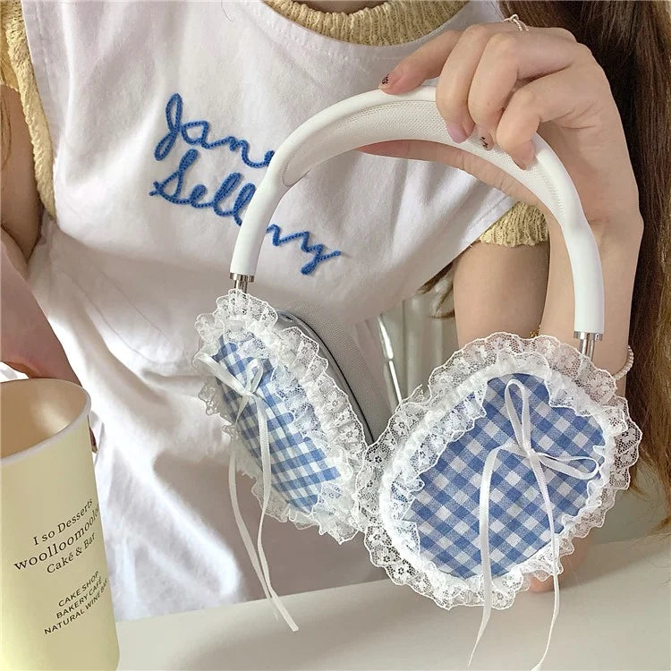 1Pair For AirPods Max Shockproof Case Fabric+TPU Headset Protector Grids Pattern Lace-Edge Design