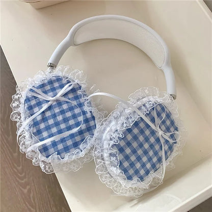 1Pair For AirPods Max Shockproof Case Fabric+TPU Headset Protector Grids Pattern Lace-Edge Design
