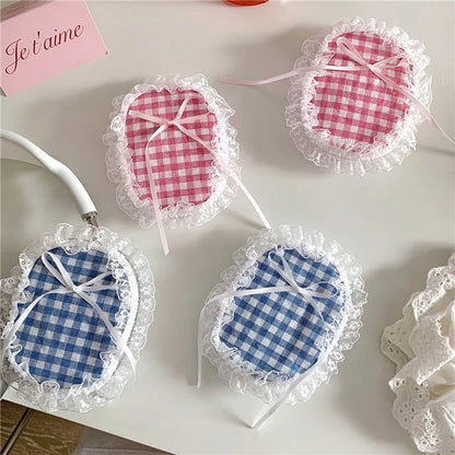 1Pair For AirPods Max Shockproof Case Fabric+TPU Headset Protector Grids Pattern Lace-Edge Design