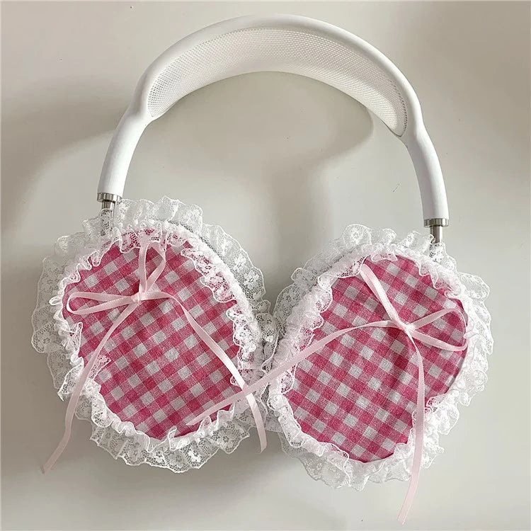 1Pair For AirPods Max Shockproof Case Fabric+TPU Headset Protector Grids Pattern Lace-Edge Design