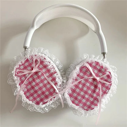 1Pair For AirPods Max Shockproof Case Fabric+TPU Headset Protector Grids Pattern Lace-Edge Design