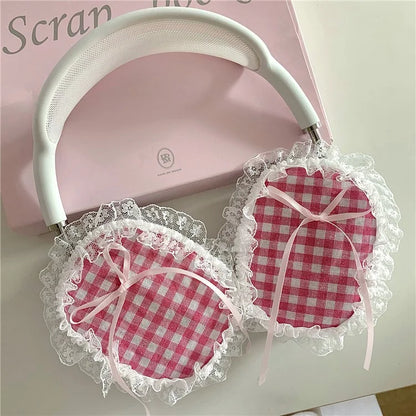 1Pair For AirPods Max Shockproof Case Fabric+TPU Headset Protector Grids Pattern Lace-Edge Design