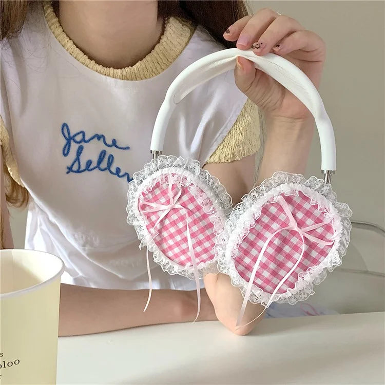 1Pair For AirPods Max Shockproof Case Fabric+TPU Headset Protector Grids Pattern Lace-Edge Design