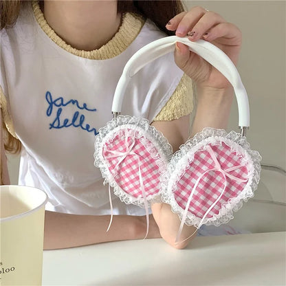 1Pair For AirPods Max Shockproof Case Fabric+TPU Headset Protector Grids Pattern Lace-Edge Design