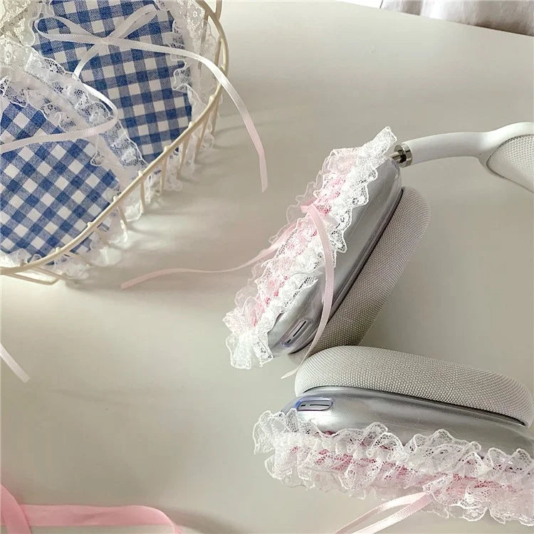 1Pair For AirPods Max Shockproof Case Fabric+TPU Headset Protector Grids Pattern Lace-Edge Design
