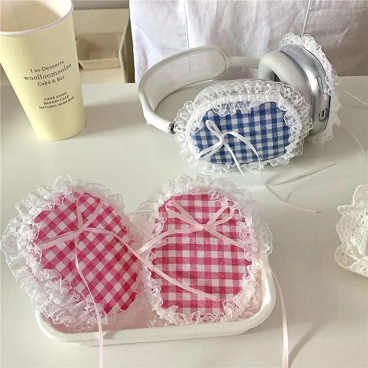 1Pair For AirPods Max Shockproof Case Fabric+TPU Headset Protector Grids Pattern Lace-Edge Design