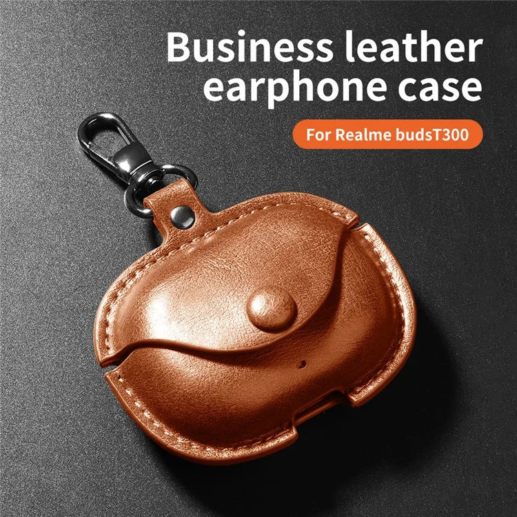 For Realme Buds T300 Charging Case Cover Leather+PC Earbuds Protective Case