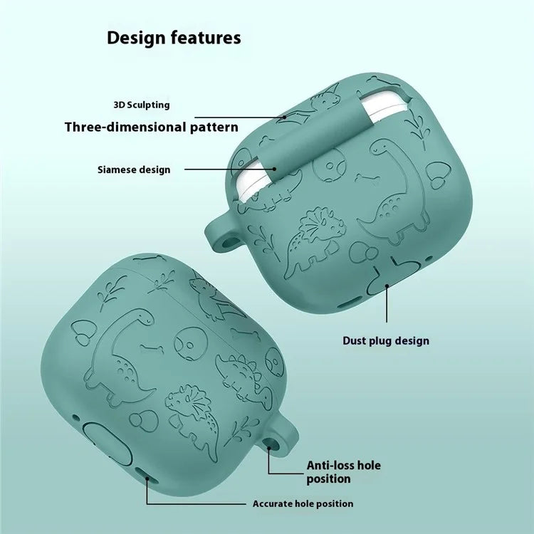 For AirPods Pro 2 / AirPods Pro Case Unique Dinosaur Design Liquid Silicone Earphone Cover with Carabiner