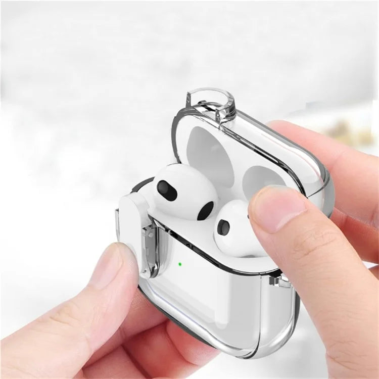 For Apple AirPods 3 Bluetooth Earphone Case Buckle Design Clear TPU Cover with Carabiner Purple