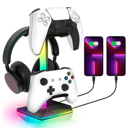 PIIFOXER EB03 RGB Controller Display Stand with Memory Function, Gaming Headset Holder with 2 USB2.0, Type-C Ports