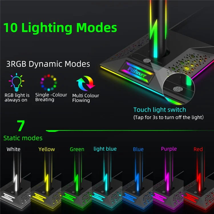 EB01-B RGB Gaming Headset Stand with 2 USB Ports, Memory Function Headphone Holder with 10 Light Modes
